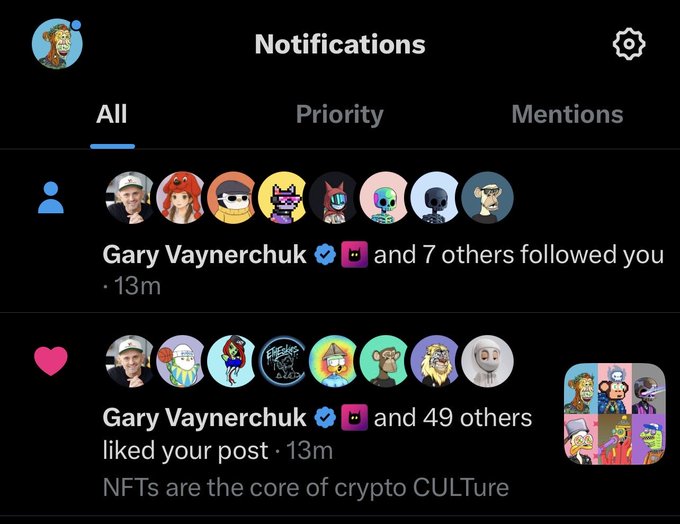 A notification screen displays a list of people and their notifications, including Gary Vaynerchuck's and others' mentions.