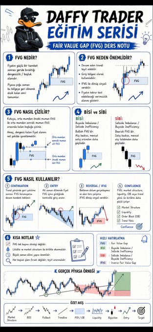A Turkish-language educational infographic titled 'DAFFY TRADER EĞİTİM SERİSİ' explaining the Fair Value Gap (FVG) trading concept with candlestick chart diagrams and numbered explanations.