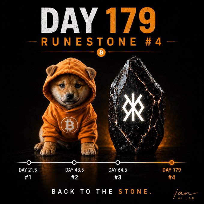 'DAY 179 RUNESTONE #4' poster features a Shiba Inu puppy in an orange Bitcoin hoodie next to a dark runestone with a rune symbol, with a timeline showing milestones at Days 21.5, 48.5, 64.5, and 179, signed by 'jan AI LAB'.