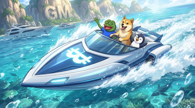 A Pepe, Shiba Inu, and penguin ride a futuristic speedboat emblazoned with the "$NAKA" ticker across turquoise waters near a coastline featuring "GM" carved into the cliffs, matching the post's mobile, adventure-themed promotion of Nakamoto Mobile.