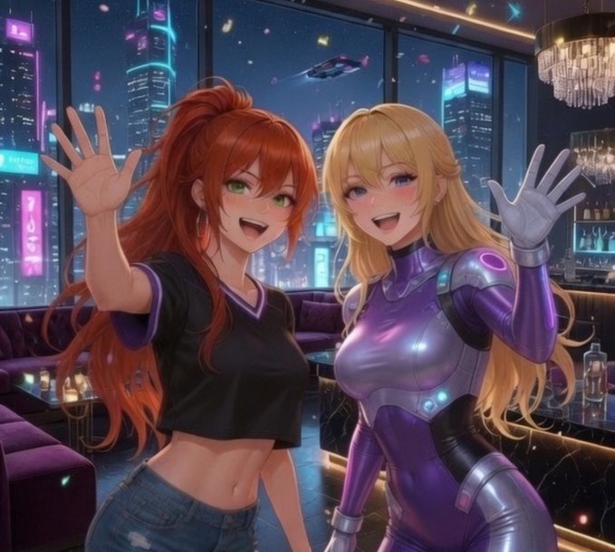 Anime-style illustration of two women—one with red hair in casual clothes and another with blonde hair in a purple futuristic bodysuit—waving in a cyberpunk cityscape setting.