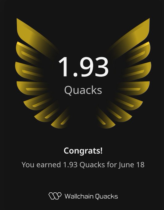 The image features a black background with a gold-colored logo for Wallchain Quacks, which is a company that sells Quacks. The text "concludes" indicates that the user has completed their Quack earning challenge. The text also mentions that the user was awarded 1,933 Quacks on June 18th.
