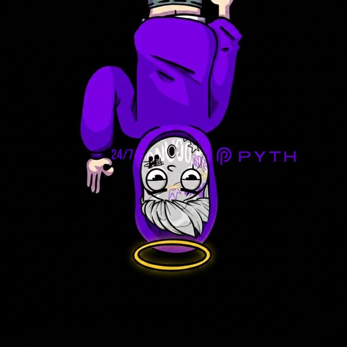 The image features an upside-down illustration of a figure in a purple hoodie with a face partially obscured by a facial covering, accompanied by a golden halo, set against a black background with "@PYTH" text, visually representing the idea of "24/7" inverted markets—aligning with the post's message that Pyth's 21 live indices for stocks, commodities, FX, and metals provide continuous 24/7 pricing, eliminating traditional market opening bells.