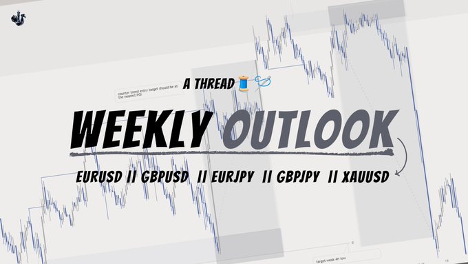A promotional graphic for a "Weekly Outlook" trading thread featuring a stylized candlestick chart background, with focus pairs listed as EUR/USD, GBP/USD, EUR/JPY, GBP/JPY, and XAU/USD (Gold). The design includes a small thread icon and a text snippet suggesting a target should be set near recent P/L, aligning with the post's announcement of a top-down multi-timeframe market analysis.