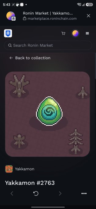 A mobile screenshot of the Ronin Market website (marketplace.roninchain.com) displaying a digital collectible titled 'Yakkamon #2763' featuring a green and blue spiral pixel-art egg on a brown background.