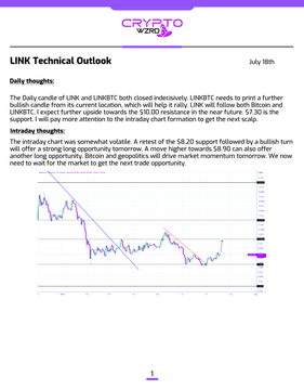 Crypto Nerds LINK Technical Outlook dated July 18th, showing a candlestick chart and analysis noting LINK closed close to $13 with further bullish sentiment targeting the $19.50 resistance.