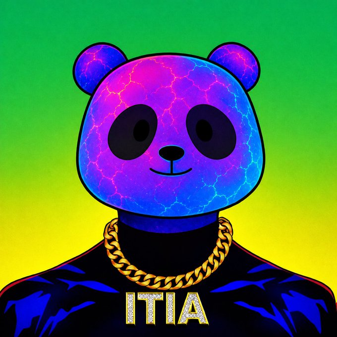 A digital illustration of a character with a blue and purple lightning-patterned panda head wearing a gold chain necklace with a 'ITIA' pendant, set against a green and yellow gradient background.
