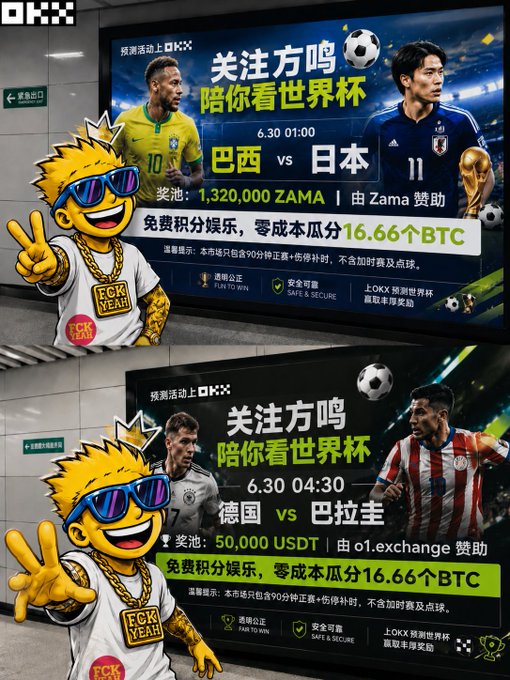 Two OKX promotional billboards advertise World Cup prediction events featuring matches Brazil vs Japan (6/30 01:00, with a 1,320,000 ZAMA prize pool) and Germany vs Paraguay (6/30 04:30, with a 50,000 USDT prize pool), both offering free point-based predictions to share 16.66 BTC, accompanied by cartoon mascots with sunglasses, matching the post's theme of repeatedly trying and losing at OKX World Cup prediction games.