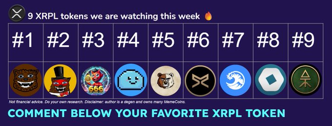 A bold purple graphic showcases "9 XRPL tokens we are watching this week" with a numbered grid (#1 through #9) featuring nine distinct token icons, including meme coins like a fuzzy bear, top-hatted bear, devil, blue smiley face, teddy bear, XRP logo, wave, and triangle symbols. The image directly visualizes the accompanying post's list of featured XRPL tokens, with call-to-action text reading "COMMENT BELOW YOUR FAVORITE XRPL TOKEN" and a disclaimer noting the author owns MemeCoins.