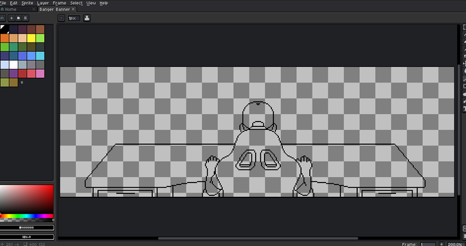A digital drawing software interface (Aseprite) showing a rough sketch of a character with the number '98' on their shirt, on a transparent checkerboard background.