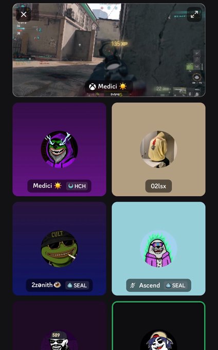 A gaming app interface showing a gameplay clip at the top and a grid of NFT avatars below, including 'Medici,' '02lsx,' '2zenith,' and 'Ascend,' all labeled with 'SEAL.'