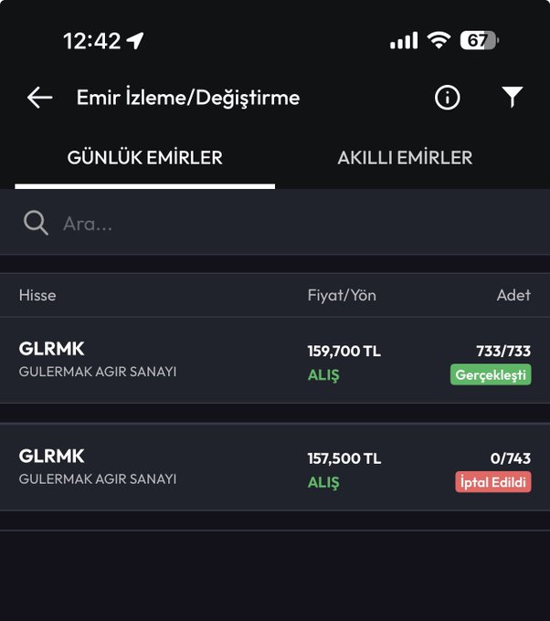A mobile trading app screen shows the "Emir İzleme/Değiştirme" (Order Tracking/Modification) page under the "Günlük Emirler" (Daily Orders) tab, displaying two buy orders for GLRMK (Gulermak Ağır Sanayi) at 159,700 TL (executed, 733/733 shares) and 157,500 TL (canceled, 0/743 shares). The screenshot illustrates the poster's claim of using profits from shorting ZEC to buy shares in the Turkish heavy industry company Gulermak.