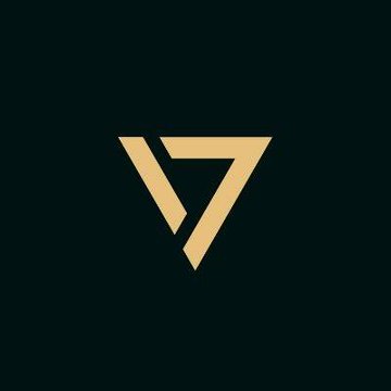 A minimalist logo featuring a geometric gold-colored inverted triangle design on a dark teal background.