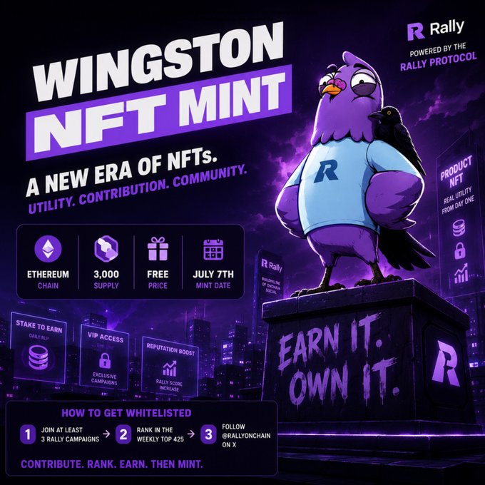 Promotional poster for 'WINGSTON NFT MINT' by Rally Protocol, featuring a purple cartoon owl mascot wearing an 'R' shirt, with details: Ethereum Chain, 3,000 Supply, Free Price, July 7th Mint Date, and instructions to 'CONTRIBUTE. RANK. EARN. THEN MINT.'