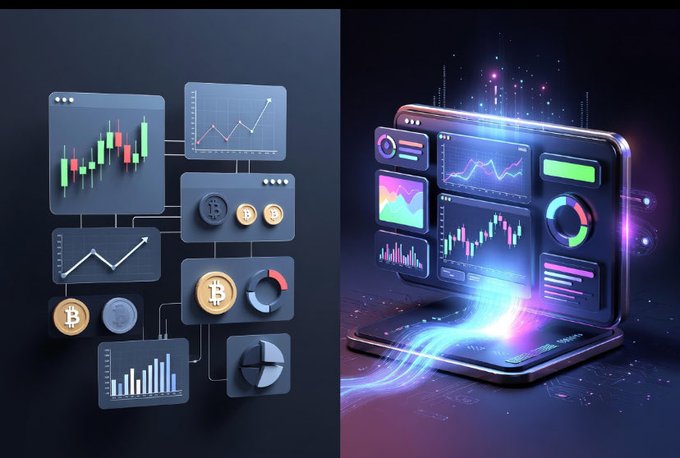 Two stylized graphics depicting trading and crypto analytics: one showing interconnected charts and Bitcoin icons, the other showing a laptop displaying a neon-lit trading dashboard.