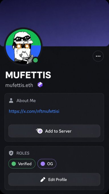 The image shows a Discord profile for "MUFETTIS" (mufettis.eth), featuring a Pepe-style cartoon character as the avatar and displaying "Verified" and "OG" role badges. The profile relates to the post by illustrating the type of Discord role-based status being discussed, where holders of certain tokens or projects gain access to exclusive server roles with associated monetary values.