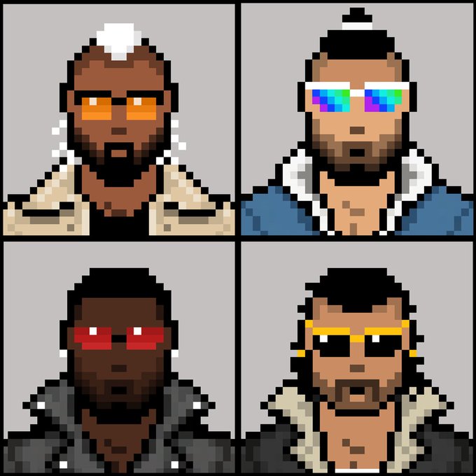 Four pixel art portraits depict men with different hairstyles and sunglasses in orange, rainbow, red, and yellow tints.