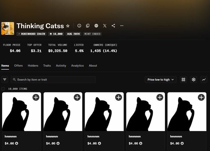 A webpage from the Thinking Catss NFT collection on the Rootwood Chain shows a floor price of $4.06 and a grid of identical cat silhouette items for sale.
