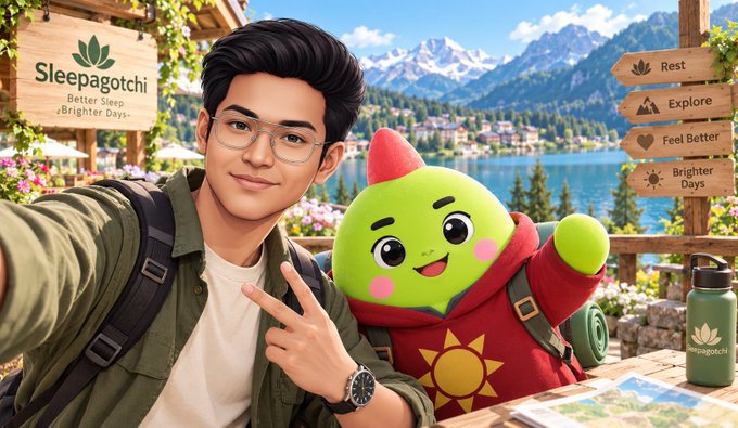 A promotional artwork for 'Sleepagotchi' featuring a young man taking a selfie with a cute green character in a red hoodie, set against a scenic mountain lake backdrop with menu options like 'Rest', 'Explore', 'Feel Better', and 'Brighter Days'.