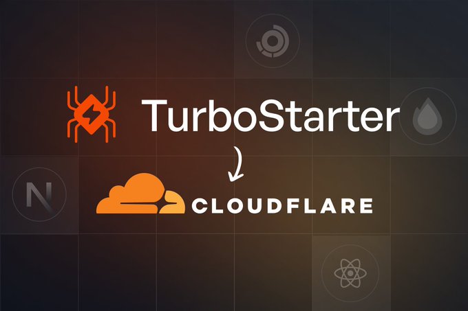A graphic promoting TurboStarter's new Cloudflare deployment feature, featuring the TurboStarter bug logo above a Cloudflare cloud logo with an arrow pointing down between them, set against a dark background with faint tech-related icons (Next.js, React, and others) scattered around. The visual reinforces the announcement that Cloudflare deployment—reportedly the most requested feature—is now available.
