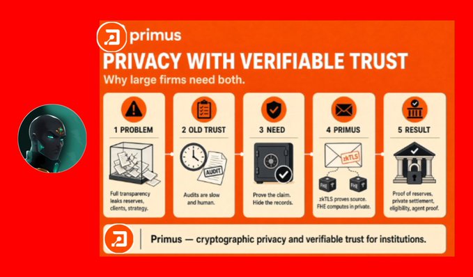 An orange infographic titled 'PRIVACY WITH VERIFIABLE TRUST' by Primus explaining why large firms need both, featuring a 5-step process (Problem, Old Trust, Need, Primus, Result) alongside an avatar of a masked figure.