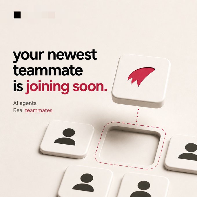 An advertisement reading 'your newest teammate is joining soon. AI agents. Real teammates.' featuring 3D tile icons with human silhouettes and an AI icon joining the team layout.