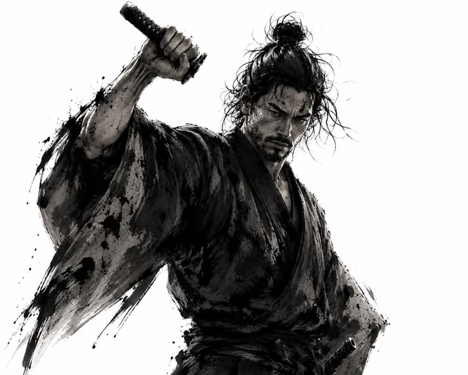 A black ink-style illustration of a samurai warrior with a topknot, wearing traditional robes and raising a katana sword overhead in a dramatic battle pose.