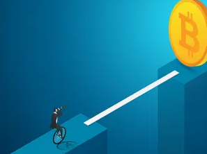 A businessman in a wheelchair looks up at a staircase leading to a large Bitcoin coin, symbolizing the climb toward higher crypto gains. The illustration metaphorically represents the journey of bridging assets with zero slippage to save on fees.