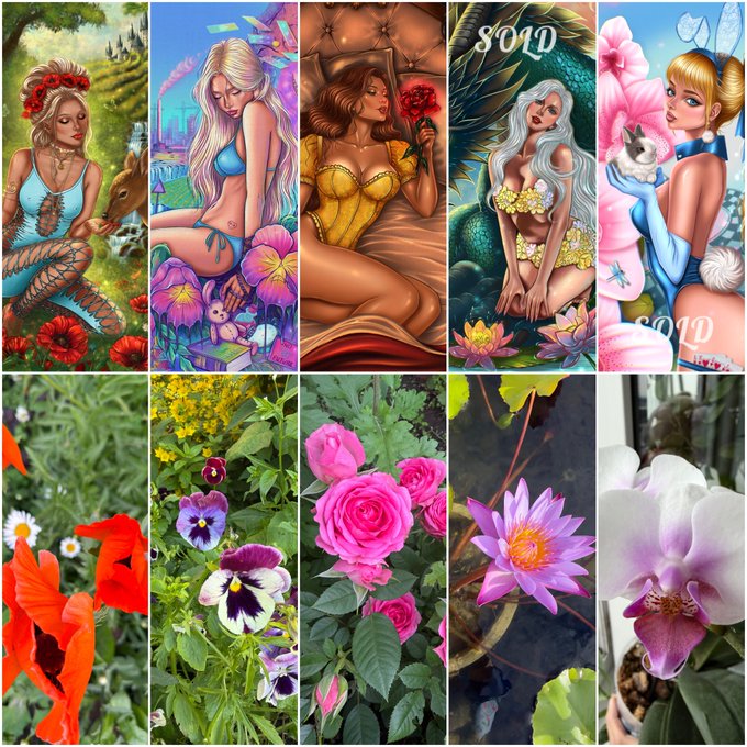 A grid of images showing stylized illustrations of women on top and various flowers including poppies, pansies, roses, water lilies, and orchids below.