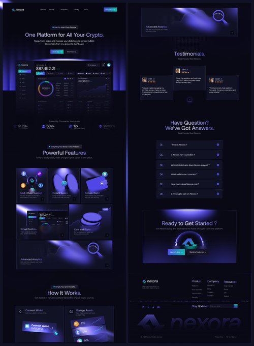A dark-themed website mockup for 'NEXORA' cryptocurrency platform featuring sections like 'One Platform for All Your Crypto', 'Powerful Features', 'Advanced Analytics', testimonials, FAQs, and a footer with 'Stay Updated'.