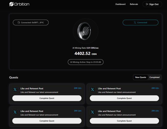 A dashboard screenshot for 'Orbion' showing an AI mining interface with a balance of 4402.52 OBN, an AI mining rate of 0.01 OBN/sec, and four available 'Like and Retweet Post' quests worth 200 OBN each.