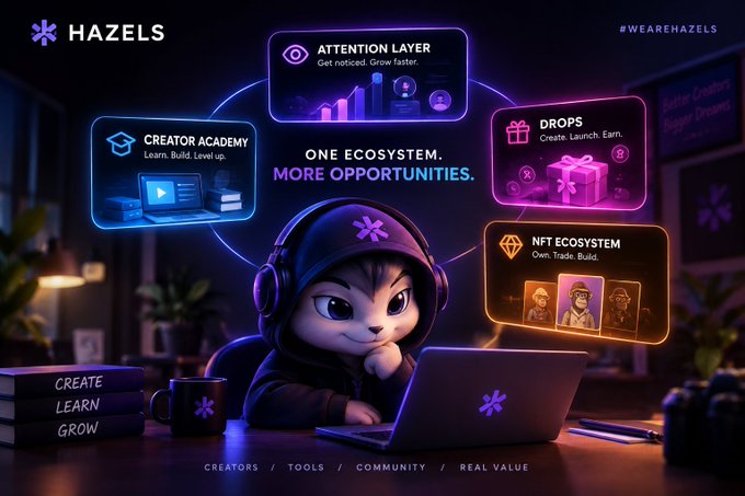 A promotional graphic for 'HAZELS' (#WEAREHAZELS) featuring a cartoon cat wearing headphones and working on a laptop, surrounded by feature boxes labeled 'CREATOR ACADEMY', 'ATTENTION LAYER', 'DROPS', and 'NFT ECOSYSTEM' with the text 'ONE ECOSYSTEM. MORE OPPORTUNITIES.'