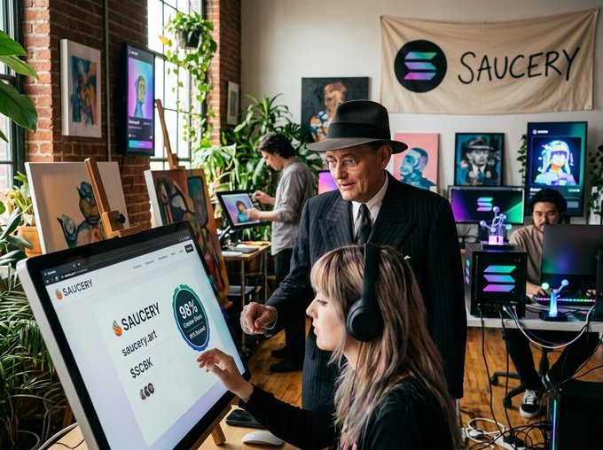 An AI-generated image depicts a vibrant studio space branded 'Saucery' with a man in a suit and fedora standing behind a woman wearing headphones at a computer monitor displaying cryptocurrency data.