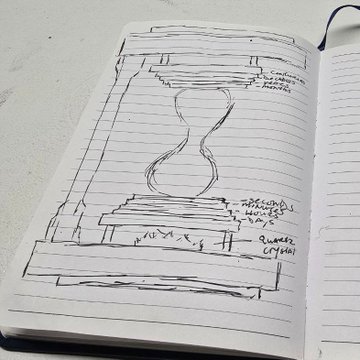 A pen sketch on lined notebook paper shows an hourglass structure with handwritten annotations and arrows around it.