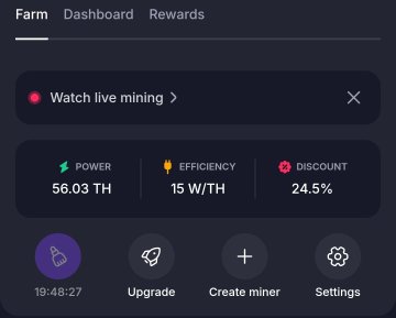 A mobile app interface for a crypto mining farm dashboard showing POWER at 56.03 TH, EFFICIENCY at 15 W/TH, and DISCOUNT at 24.5%, with navigation tabs for Farm, Dashboard, and Rewards.