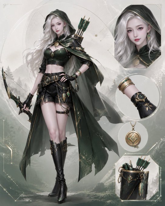A fantasy character design sheet of a white-haired elf archer wearing a green cloak and dark armor, with detail insets showing her face, bracelet, and a quiver of arrows.