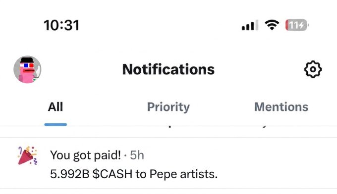 The image shows a post on social media with an image of a person's profile page, which displays notifications for their last update. It also includes the names 'All' and 'Priority'. The post also talks about '7 cards 7 saluters', meaning they have been paid $9982B to Pepe artists. There are other details like the time taken, money received, and payment details in the image that contribute to the context of this social media post.