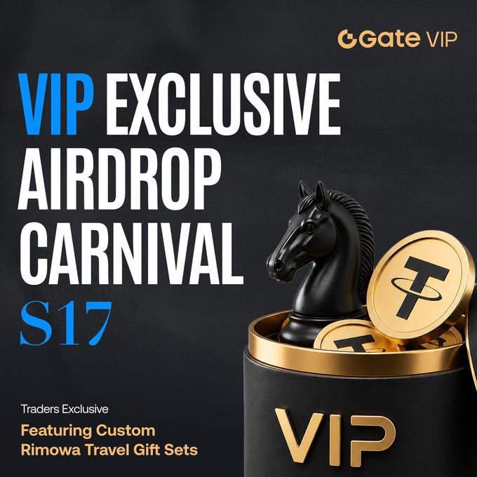 A promotional banner for "Gate VIP" announces the "VIP EXCLUSIVE AIRDROP CARNIVAL S17" event, featuring custom Rimowa Travel Gift Sets for traders. The design showcases a black chess knight piece alongside gold coins bearing the Tether (USDT) logo, emphasizing the exclusive rewards for VIP 8+ top-tier traders as described in the accompanying post.