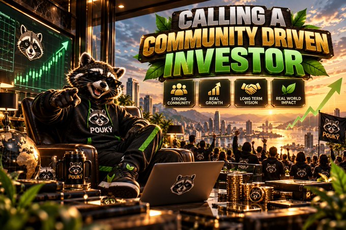 A promotional graphic titled 'CALLING A COMMUNITY DRIVEN INVESTOR' featuring an anthropomorphic raccoon character labeled 'POUKY' sitting in a luxurious room with a laptop.