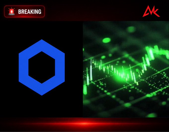 A breaking news graphic featuring a blue hexagonal logo on a black background next to green digital stock chart imagery, with an MK logo in the corner.