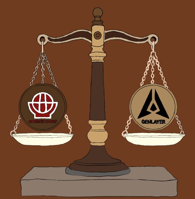 The image depicts a balanced scale of justice weighing "Internet Court" against "GenLayer," symbolizing the platform's role in providing fair, pre-agreed dispute resolution for transactions. This visually reinforces the post's point that GenLayer's Internet Court establishes clear rules upfront, ensuring balanced and transparent outcomes before any dispute arises.