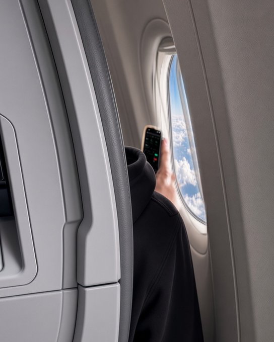 A passenger on a flight is holding up a smartphone displaying the Bybit crypto trading app toward the airplane window, prompting the humorous question of whether to greet a fellow crypto trader mid-flight.
