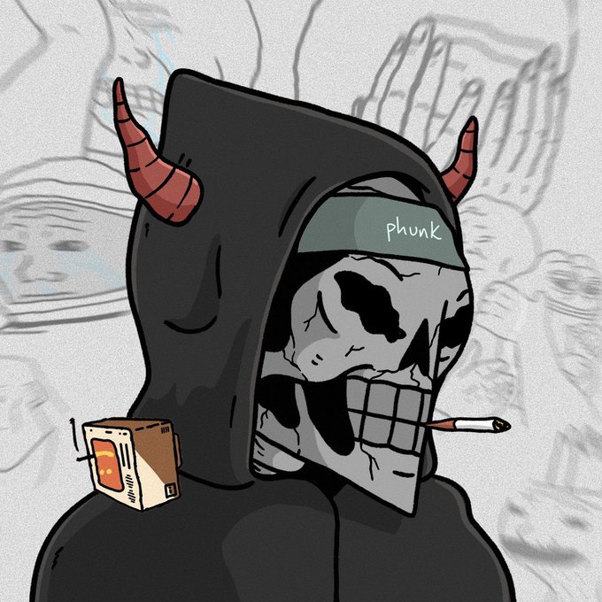 A stylized illustration of a skull-faced figure with red horns, a dark hood, and a "Phunk" headband, smoking a cigarette, with a small box-like robot companion on its shoulder, fitting the post's mention of minting "Skull Boy" NFTs via @bankrbot on OpenSea.