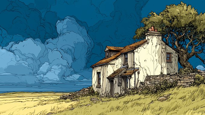 A stylized illustration of a weathered white cottage with a stone wall, a large tree, set against a dramatic blue cloudy sky and grassy foreground.