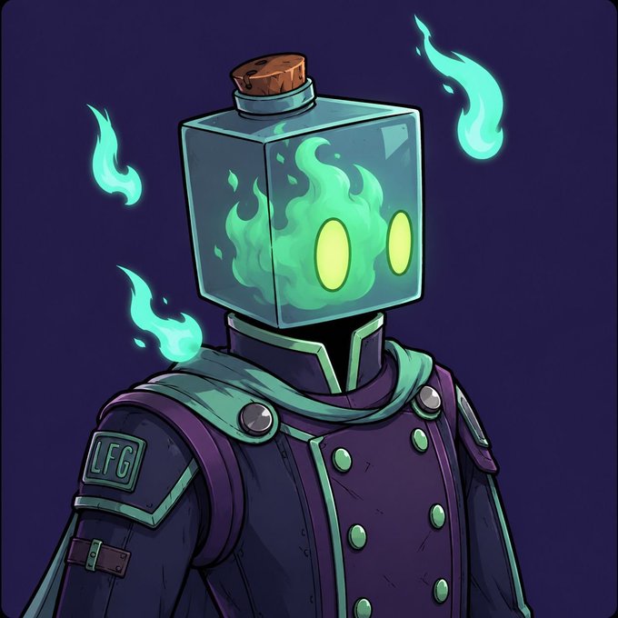 Digital artwork of a character wearing a purple jacket with an 'LFG' patch and a glowing teal glass-like cube head containing green flames and yellow eyes, set against a dark purple background.