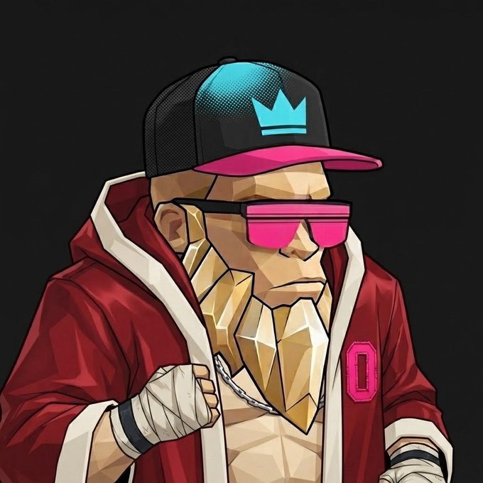 A stylized low-poly digital illustration of a bearded fighter character wearing a cap with a crown logo, pink sunglasses, a red robe, and hand wraps.