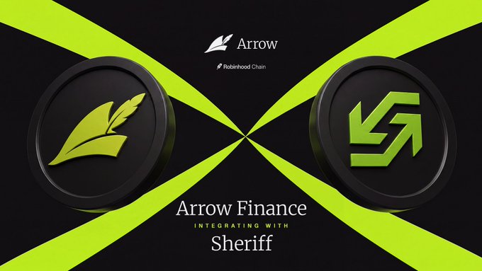 A promotional graphic featuring two circular logos on a black background with green intersecting lines, displaying "Arrow" with the Robiehood Chain logo at the top and "Arrow Finance INTEGRATING WITH Sheriff" at the bottom, announcing the partnership between Arrow Finance and Sheriff Exchange to launch a co-incentivized aUSD/USDG liquidity pool.