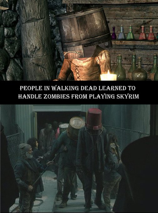 The image is a meme split into two panels: the top shows a video game character (from Skyrim) wearing a bucket on their head, and the bottom shows characters from The Walking Dead with buckets on their heads, with text reading "PEOPLE IN WALKING DEAD LEARNED TO HANDLE ZOMBIES FROM PLAYING SKYRIM."

This image appears to be unrelated to the accompanying post about Fat Bear Week winner Bear 89 and its connection to the Mad Lads NFT collection.