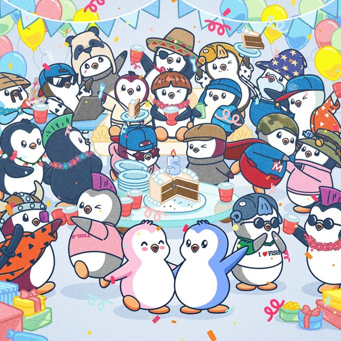 A colorful cartoon illustration depicting a lively birthday party with numerous penguin characters wearing various hats and outfits, gathered around a table with a "3" candle on the cake, decorated with balloons and bunting.