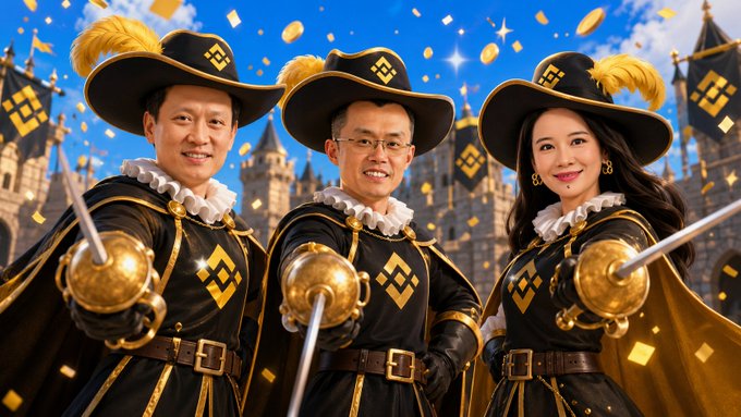 Three musketeer-style figures in black and gold uniforms with feathered hats pose confidently with swords drawn against a festive castle backdrop with golden confetti, visually embodying the "All for one" camaraderie message celebrating BNBCHAIN.
